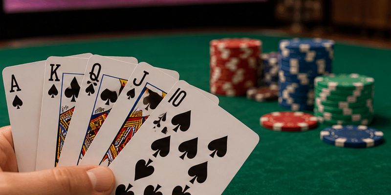 Playing cards and chips rest on a realistic green poker table.