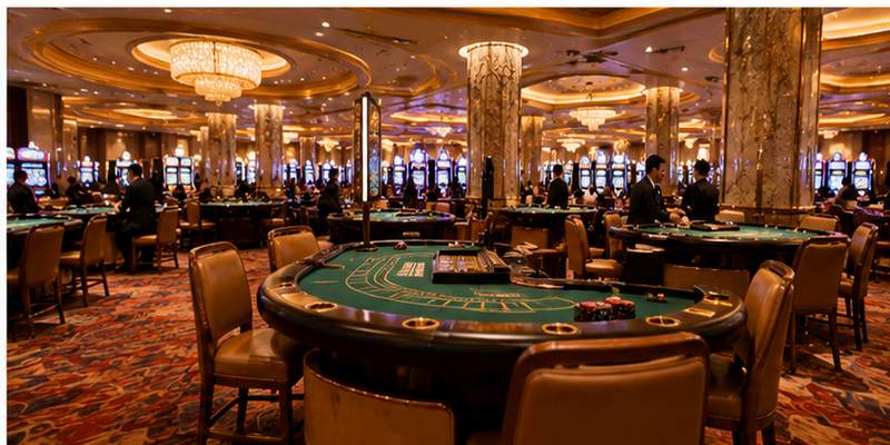 Luxury casino floor features gaming tables beneath warm golden ceiling lights.
