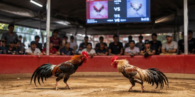 Real arena seating surrounds roosters before an amazon theme Cockfighting event.