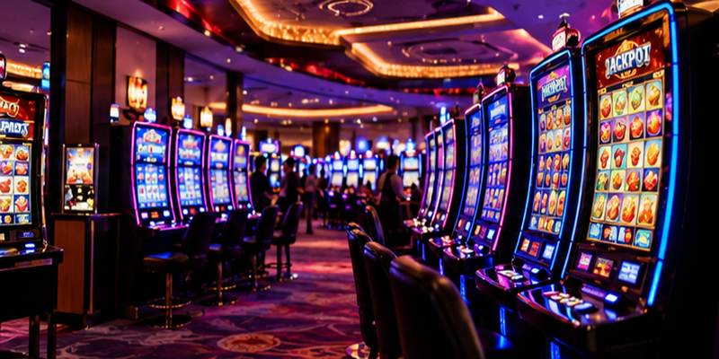 Modern slot machines glow brightly across a spacious casino gaming floor.