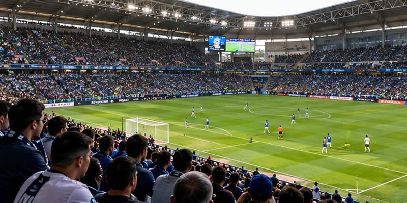 Football stadium stands overlook the pitch during a daytime sporting event.