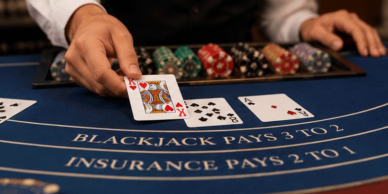 Dealer distributes blackjack cards across a realistic blue casino gaming table.