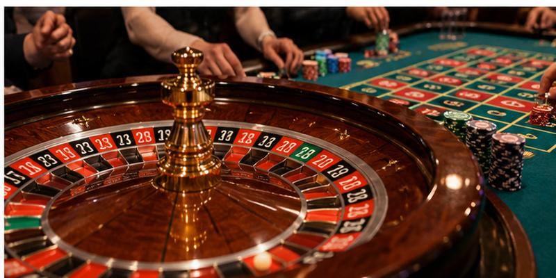 Roulette wheel spins as players place chips across green betting table.