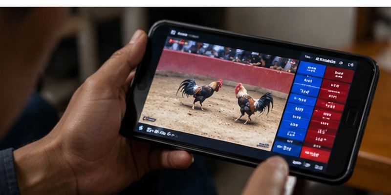Mobile screen displays cockfighting event information beside a live video feed.