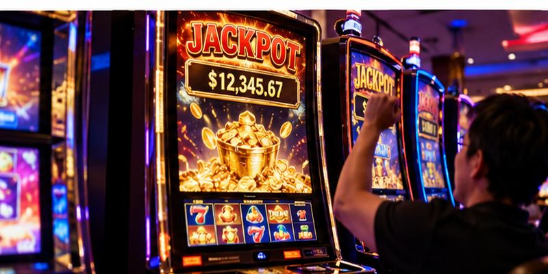 Casino guest celebrates jackpot win beside brightly illuminated slot machines nearby.