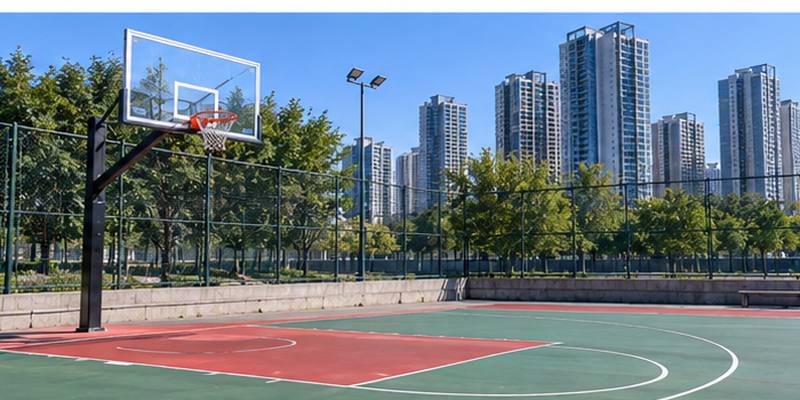 An outdoor basketball court displays painted markings beside nearby urban buildings.