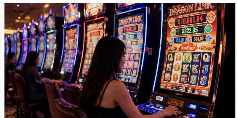 Player explores colorful slot machines inside a modern luxury casino room.