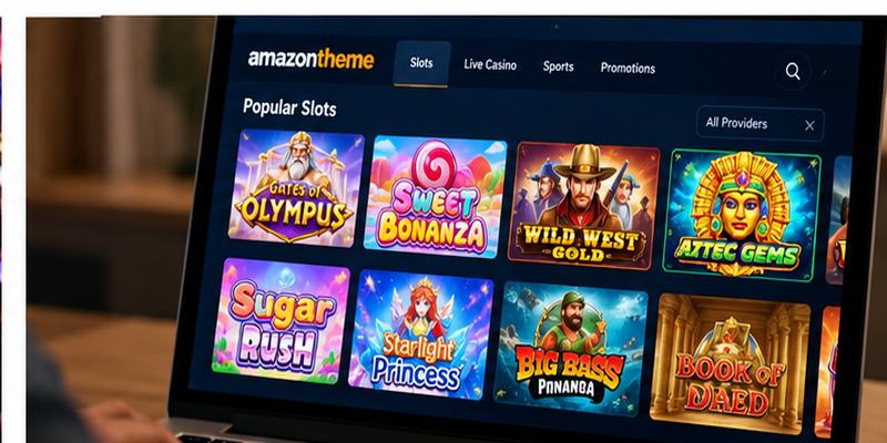 User browses colorful online slot games comfortably on a laptop screen.
