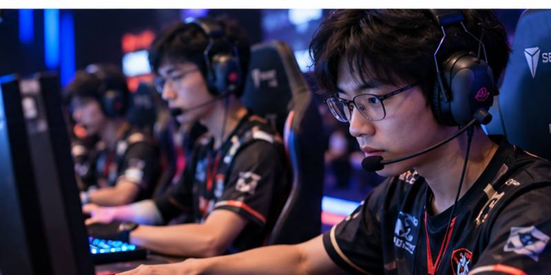 Esports teammates wear headsets while focusing on their individual computer screens.